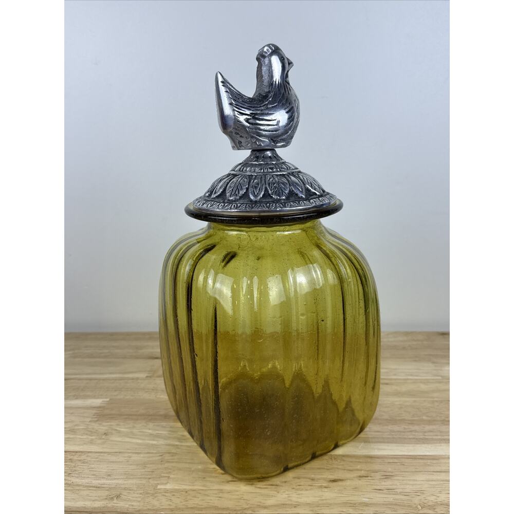 Vintage Amber Golden Yellow Glass Ribbed Canister With Pewter Rooster Top 12” - Picture 4 of 8